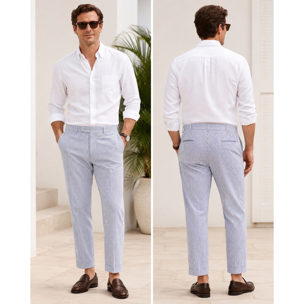 J. McLaughlin Mens Seersucker Striped Trousers Blue White Cuffed Made in USA
